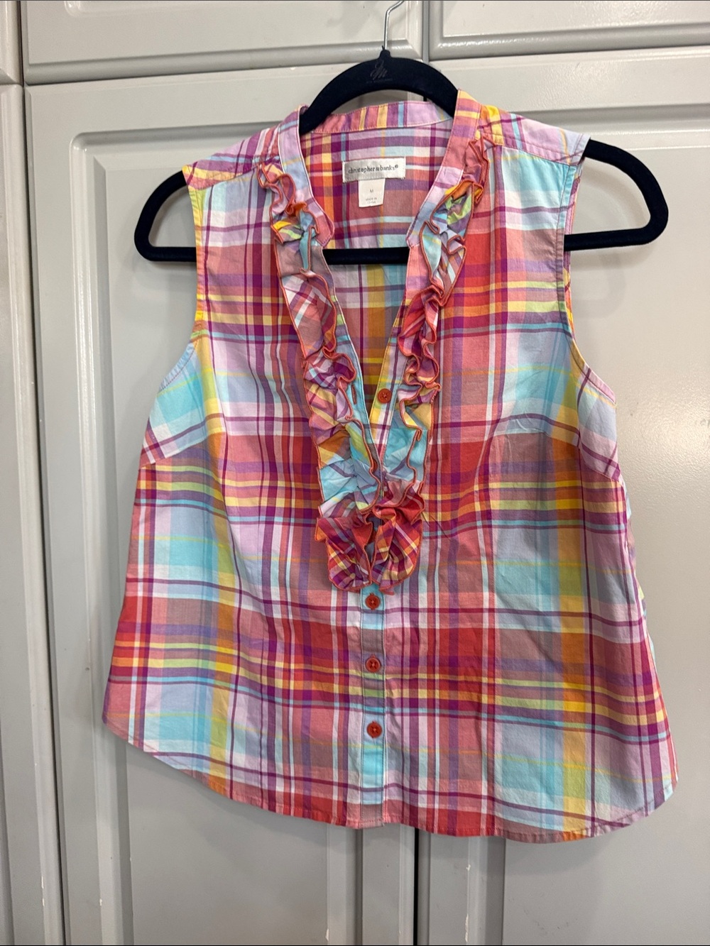 Christopher & Banks Sleeveless Pink Plaid Ruffle Vneck Button-Front Top Sz M